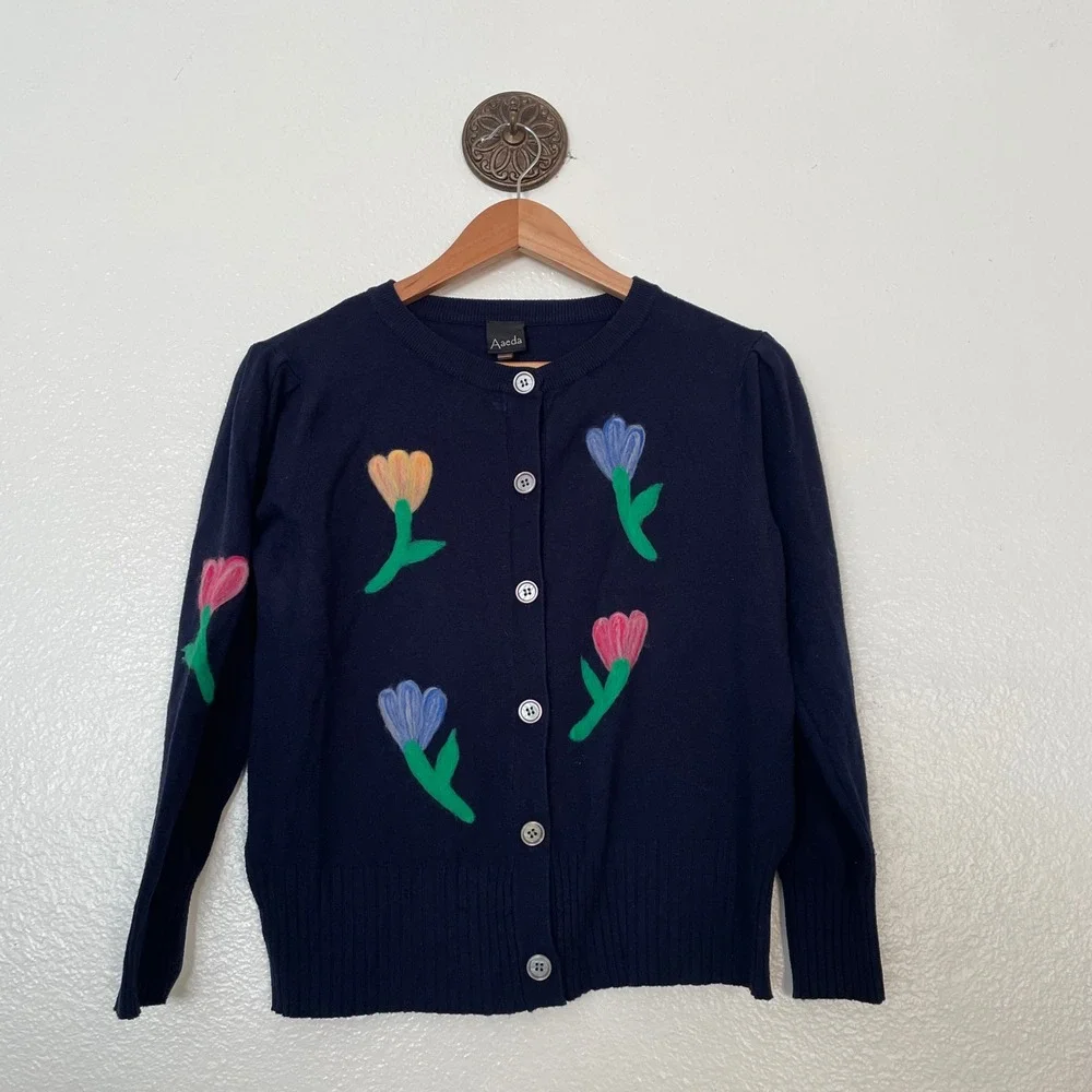 Aaeda Navy Blue Floral Tulip Applique Button Front Cardigan Sweater Womens XS